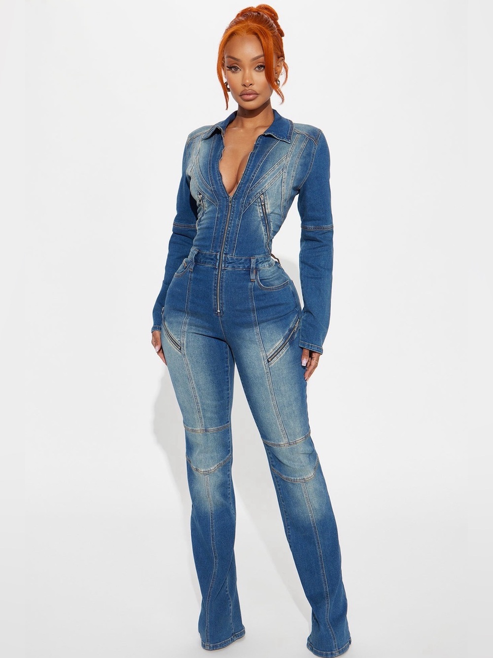 Plus Size Denim Zip-Front Jumpsuit Women Jeans - Blue 1X